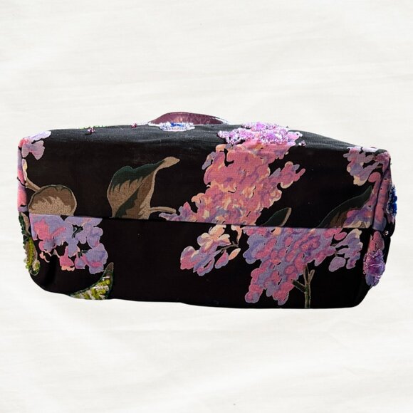 Christiana Beaded Floral Tote | Black Bag with Purple Satin Interior - Picture 3 of 5